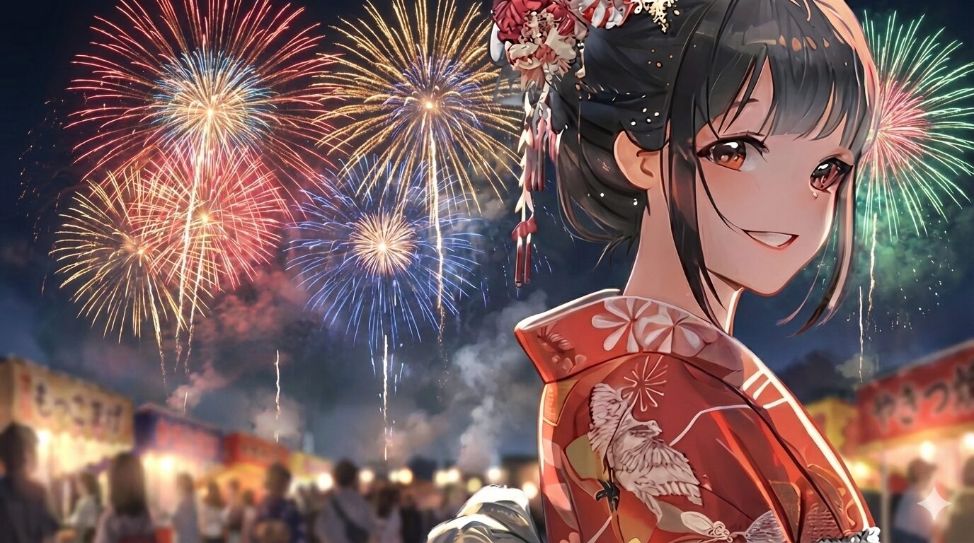 cute japanese woman wearing a yukata at a summer festival with fireworks