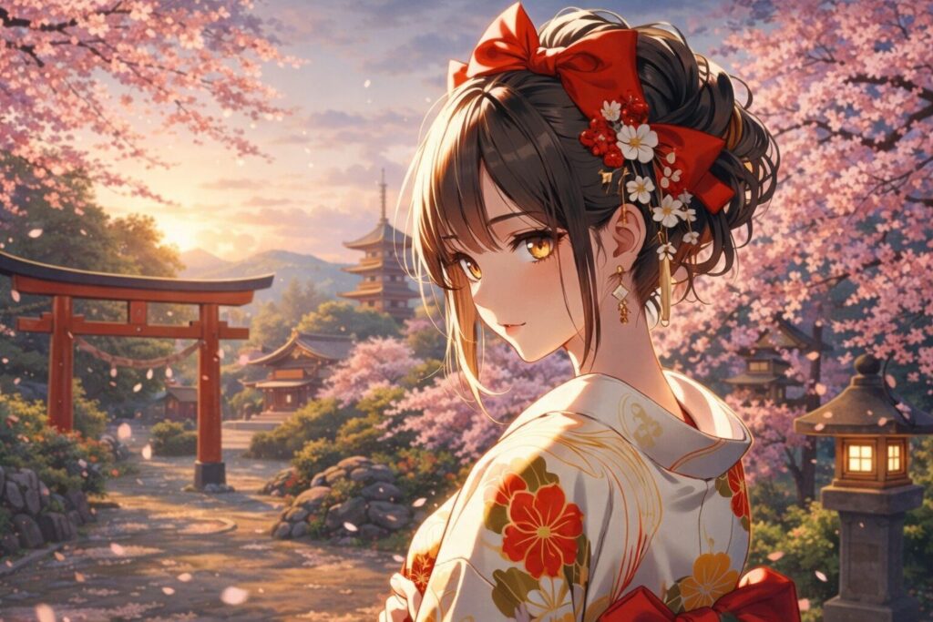 cute japanese woman wearing a kimono at a cherry blossom shrine
