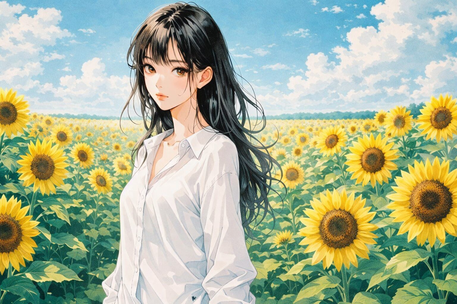 cute japanese woman standing in a sunflower field on a sunny day
