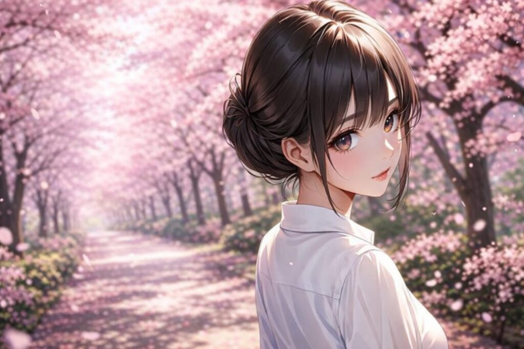 cute japanese woman standing on a cherry blossom path in spring