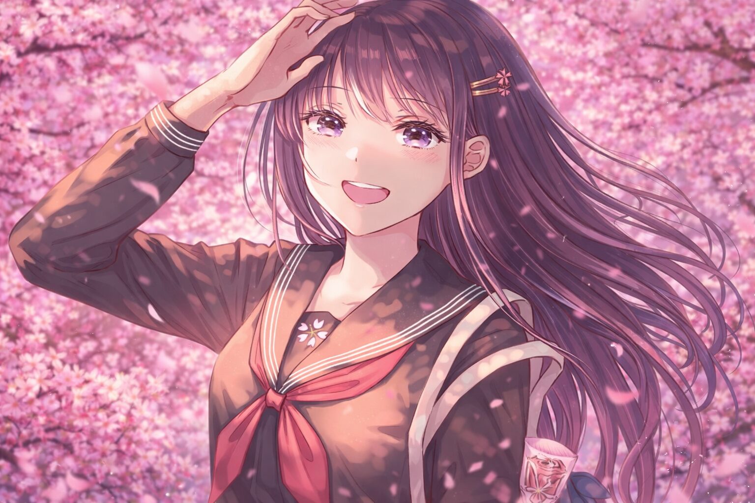cute japanese schoolgirl smiling under cherry blossoms in spring