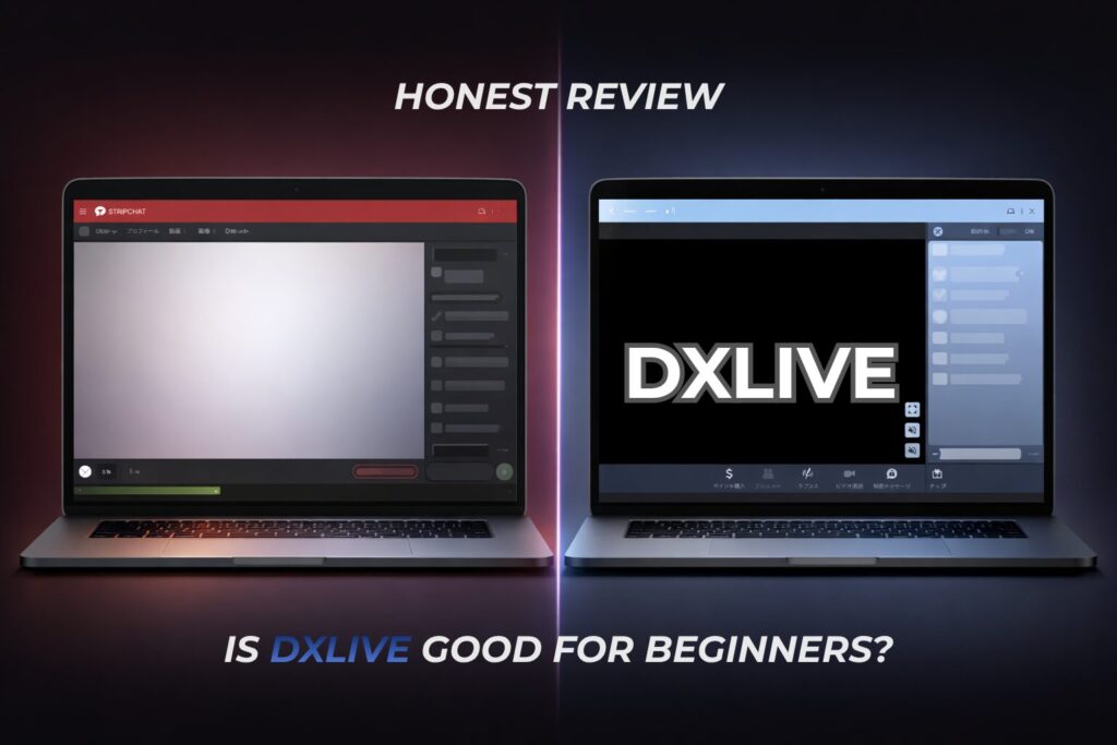 DXLive review comparison hero image showing live cam platform UI and private chat focused interface