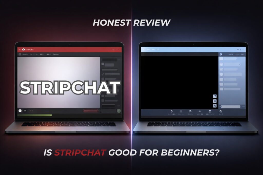 Stripchat and DXLive comparison image showing each platform UI side by side on laptop screens