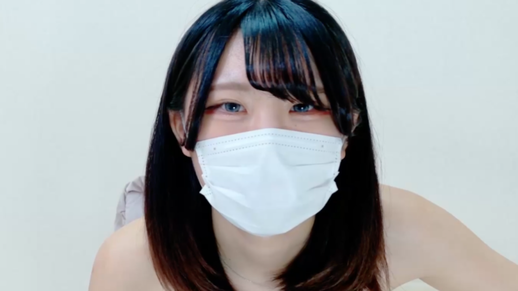 Masked Japanese cam girl with a sweet, teasing vibe on a clean white background