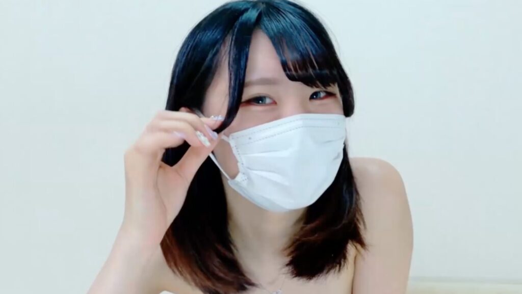 Masked Japanese cam girl with a sweet, teasing vibe on a clean white background